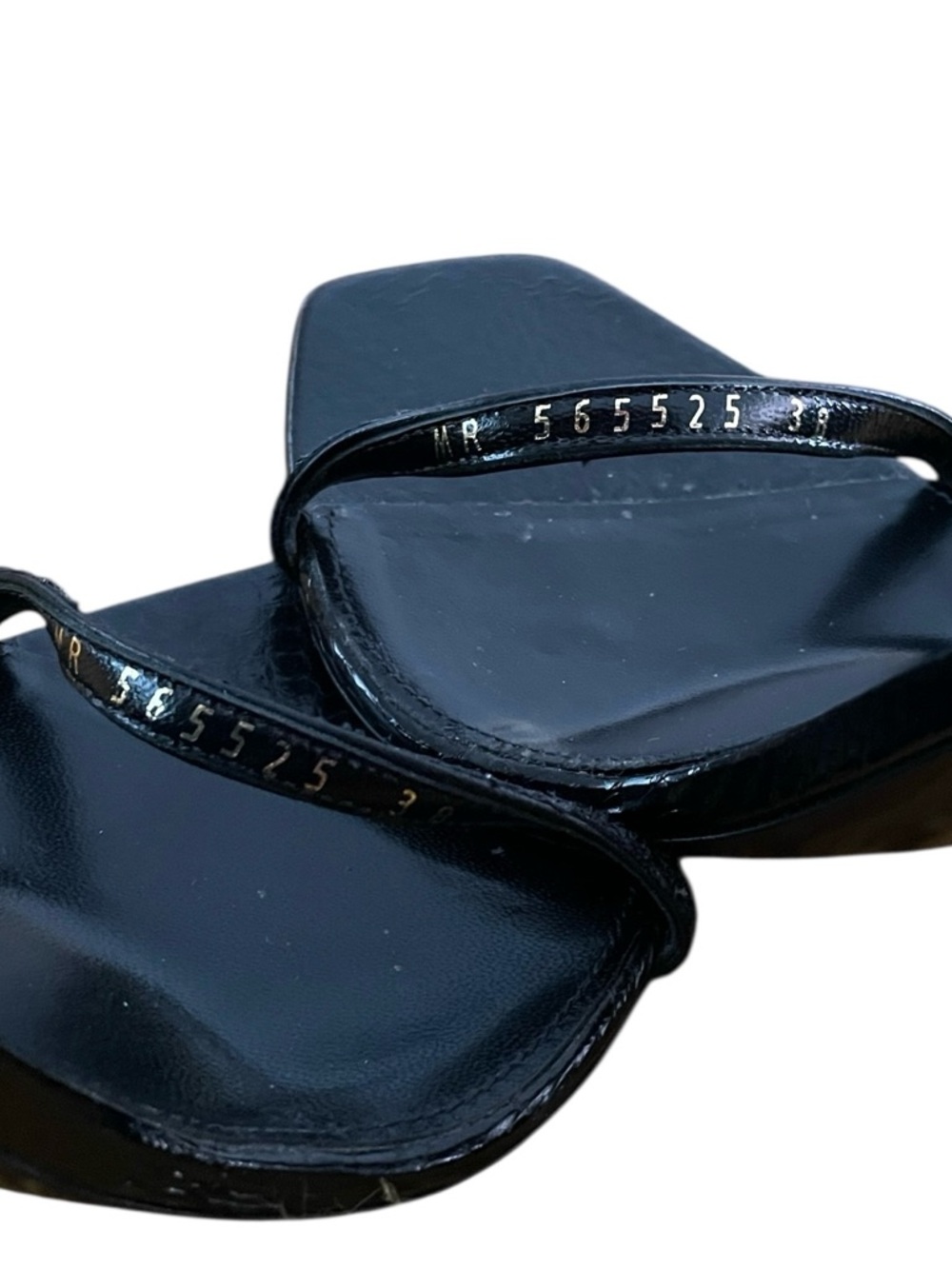 Saint Laurent Women’s Nero Glitter Black Lacquer Opyum 110 Open Toe Heel Size 38 - Picture 10 of 12